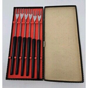 VINTAGE STAINLESS STEEL BLACK HANDLE FONDUE FORKS SET OF 6 WITH BOX FRANCE MCM